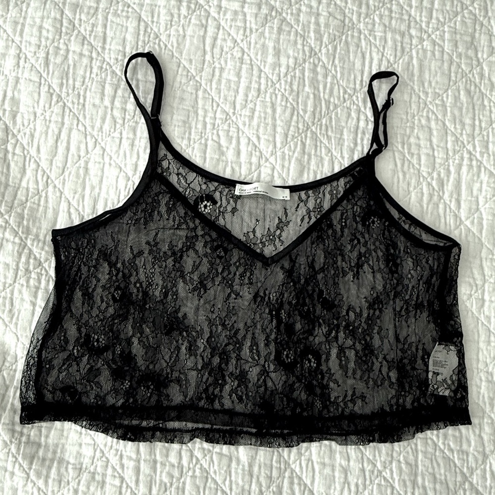 NWOT OAK + FORT Sheer Black Lace Camisole